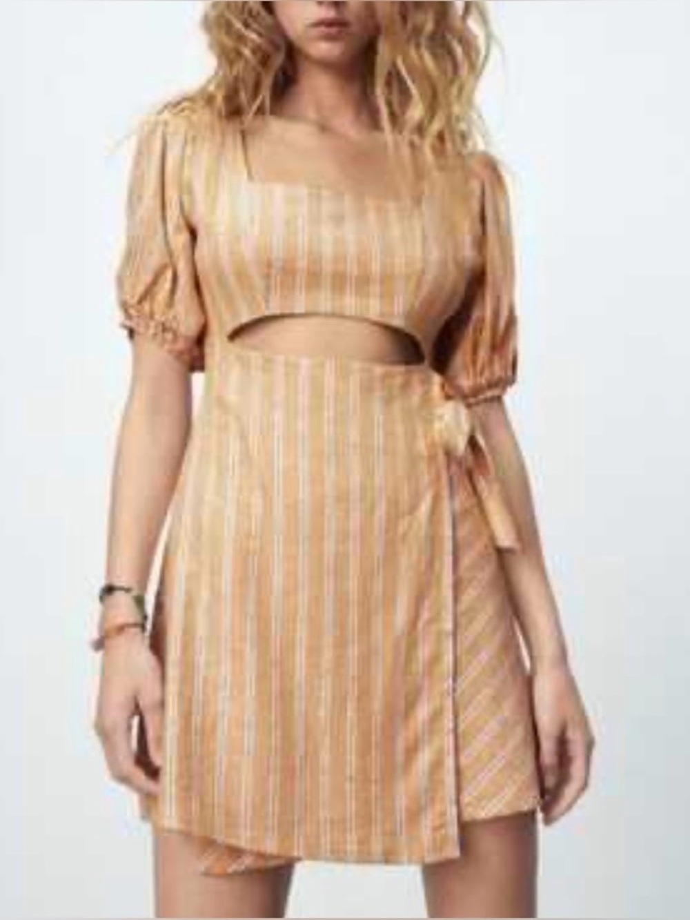 Zara Linen Blend Cut Out Midriff Puff Sleeve Mini Dress Sz M Yellow Stripe